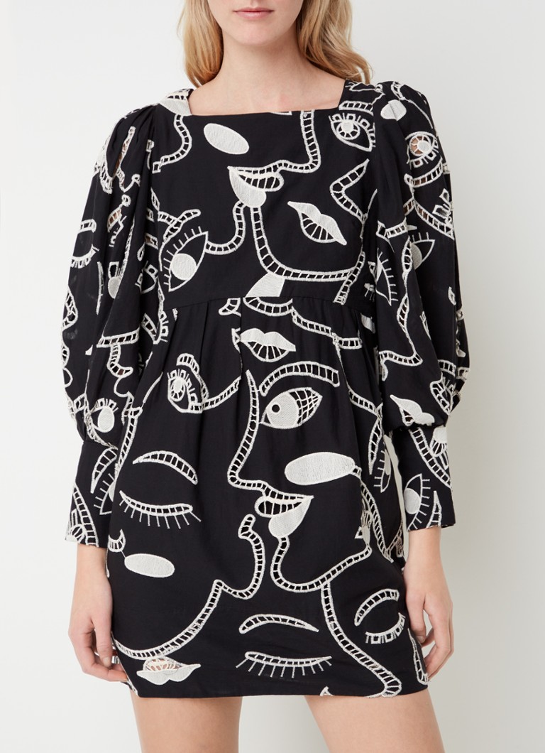 Rochie scurtă de tip tunică cu broderie și spate descheiat, model Farm Rio Richelieu.