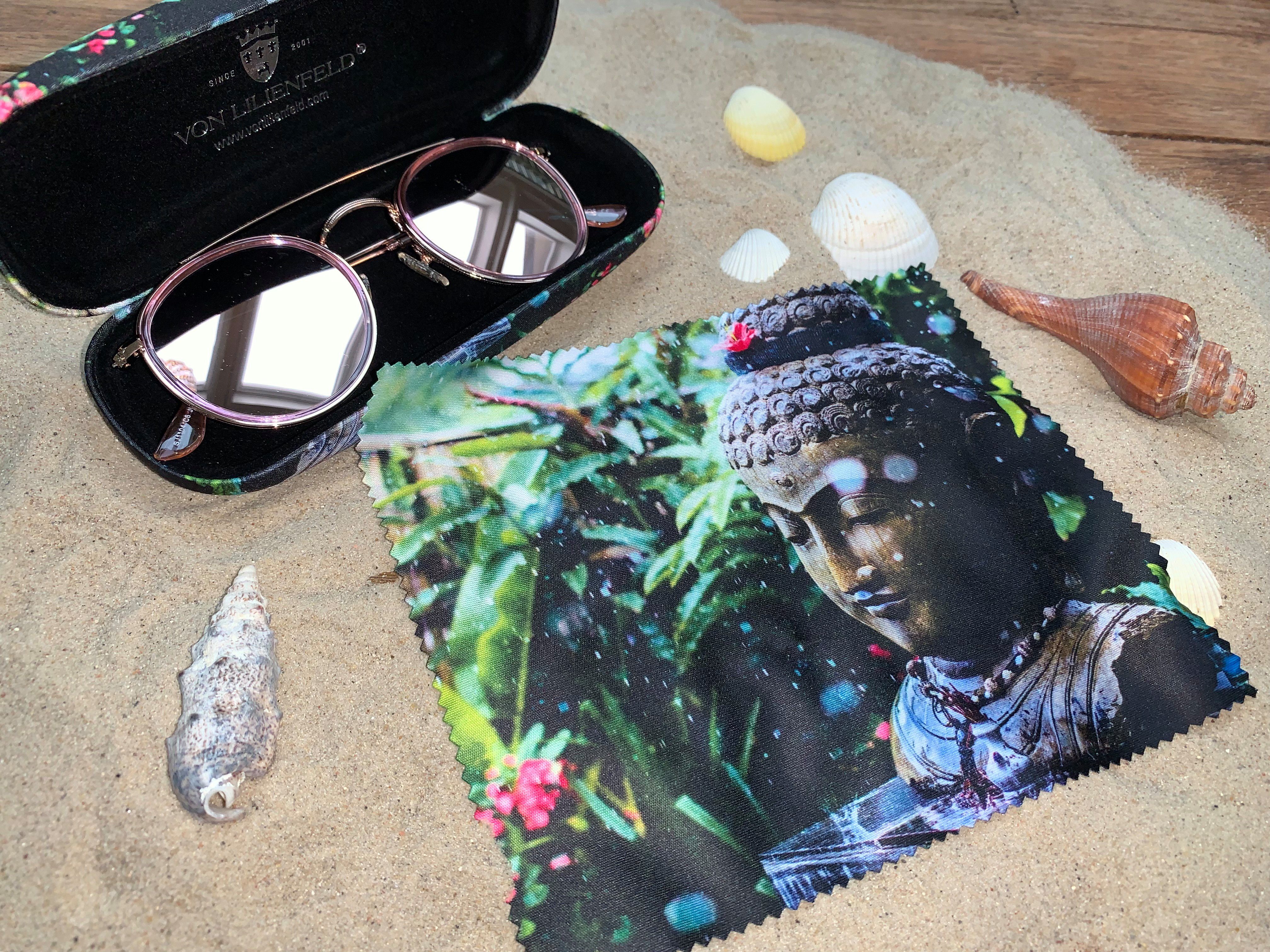 von Lilienfeld Brillenetui Brillenetui Buddha Brillenputztuch Hardcase mit Stoff bezogen, stabiles mit Mikrofaser bezogenes Hardcase