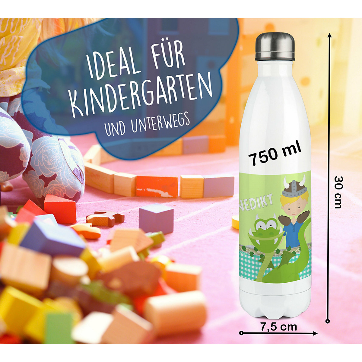 Edelstahl Kinder Thermoflasche / Trinkflasche bunt Wikinger Spülmaschinenfest, Auslaufsicher, Bruchfest, Doppelwandig, Für Heißgetränke geeignet, Mit Deckel, Isoliert