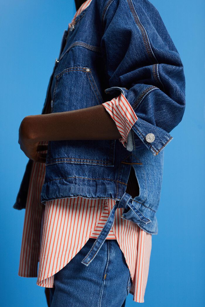 Kragenlose Jeansjacke mit Kordelzug