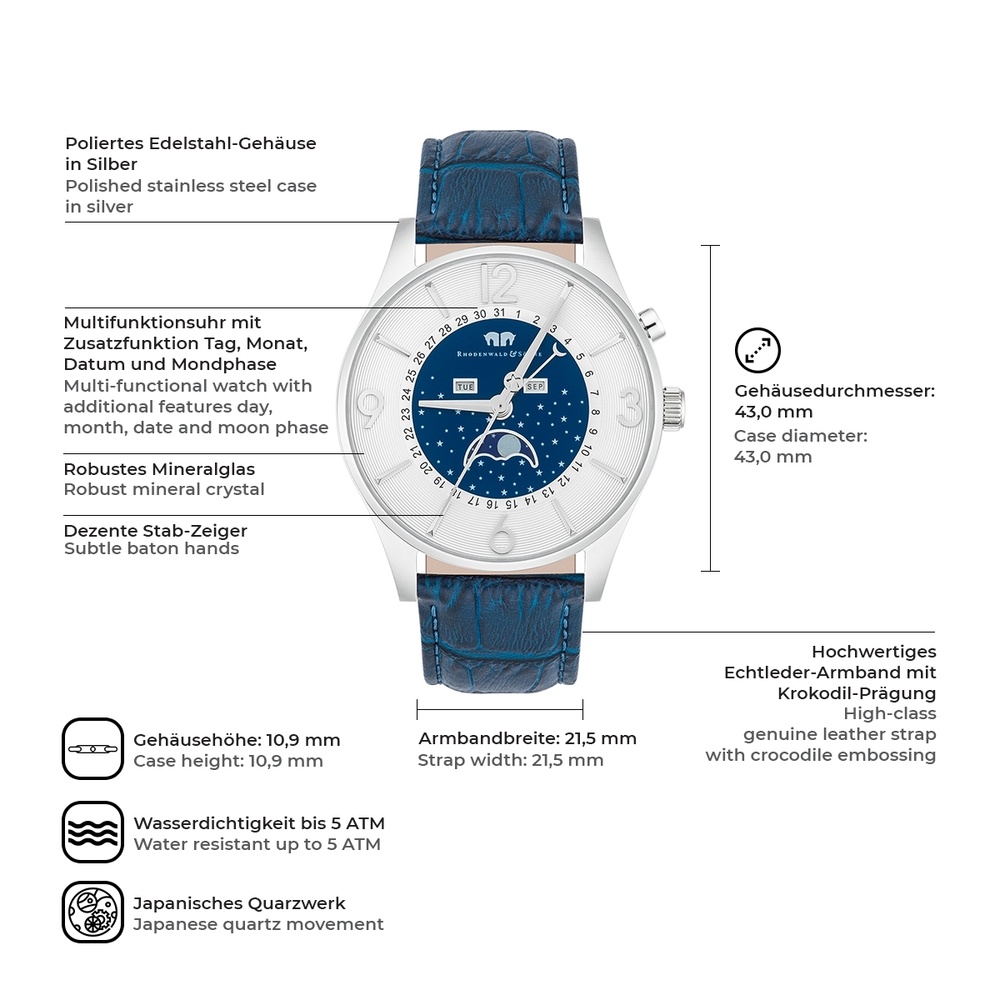 Rhodenwald & Söhne Montre à quartz Moontime en Argent Cuir véritable en Bleu Montre