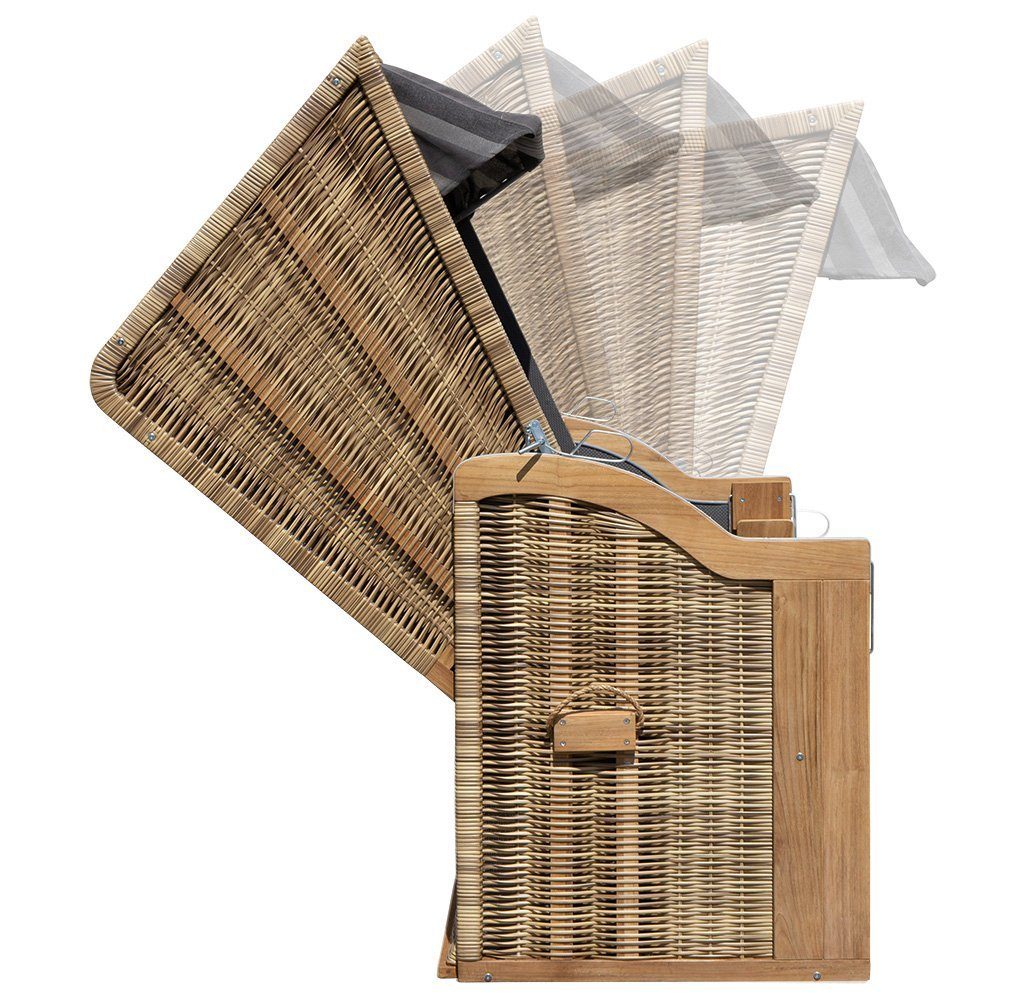 Trendyshop365 Strandkorb extra breit, BxTxH: 140,00x80,00x160,00 cm, Halblieger, Ostsee-Modell, (XL 2-Sitzer), Teakholz, komplett fertig montiert, mit 4 Rollen