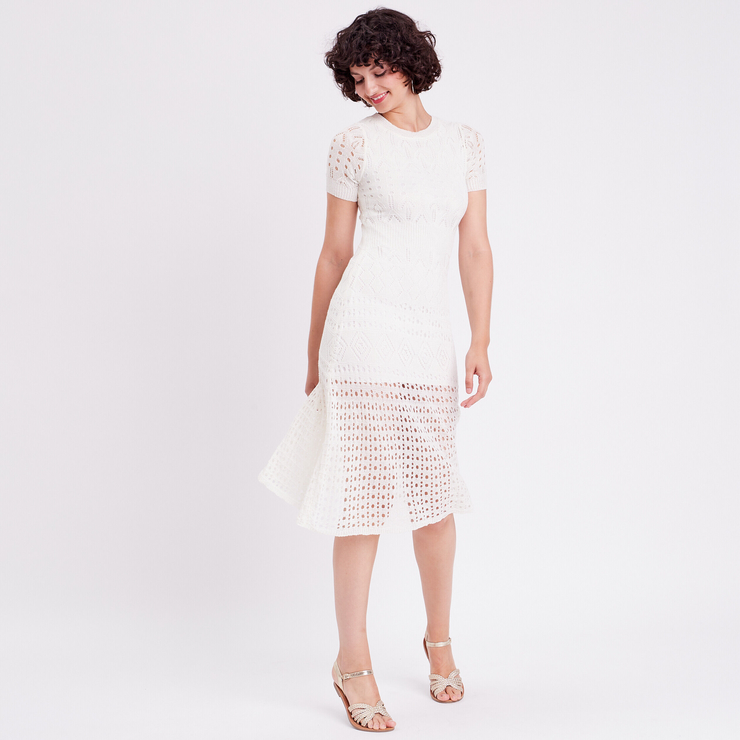 Robe midi évasée ajourée ecru femme | Cache Cache