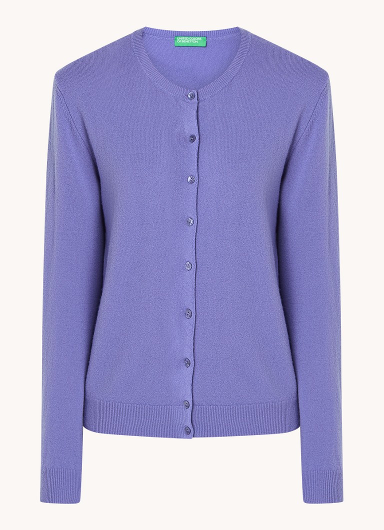 Cardigan Benetton cu guler rotund, confecționat din lână fină.