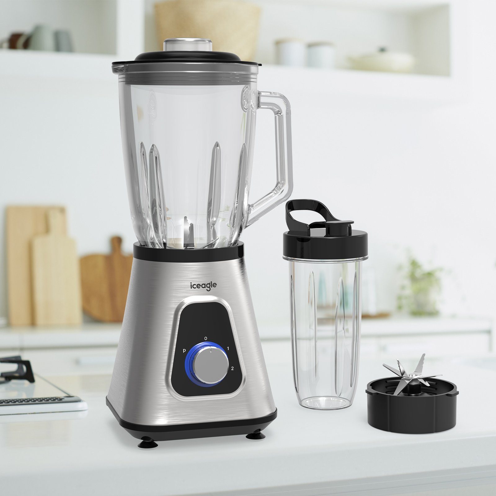 iceagle Standmixer Standmixer 2-in-1 Mixer Smoothie Maker Multifunktion Entsafte Fleisch, 1300,00 W, 2 Ebenen, Edelstahl, 1,5L Glasaufsatz, 0,6L Tragbare Tasse, 6-Kling