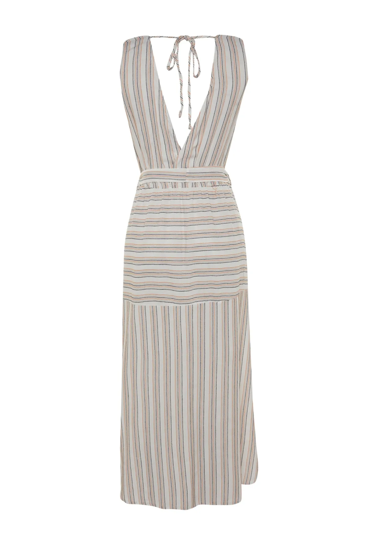Trendyol Collection  Gestreiftes Midi-Strandkleid mit gewebtem Schlitz und Gürtel TBESS23EL00181