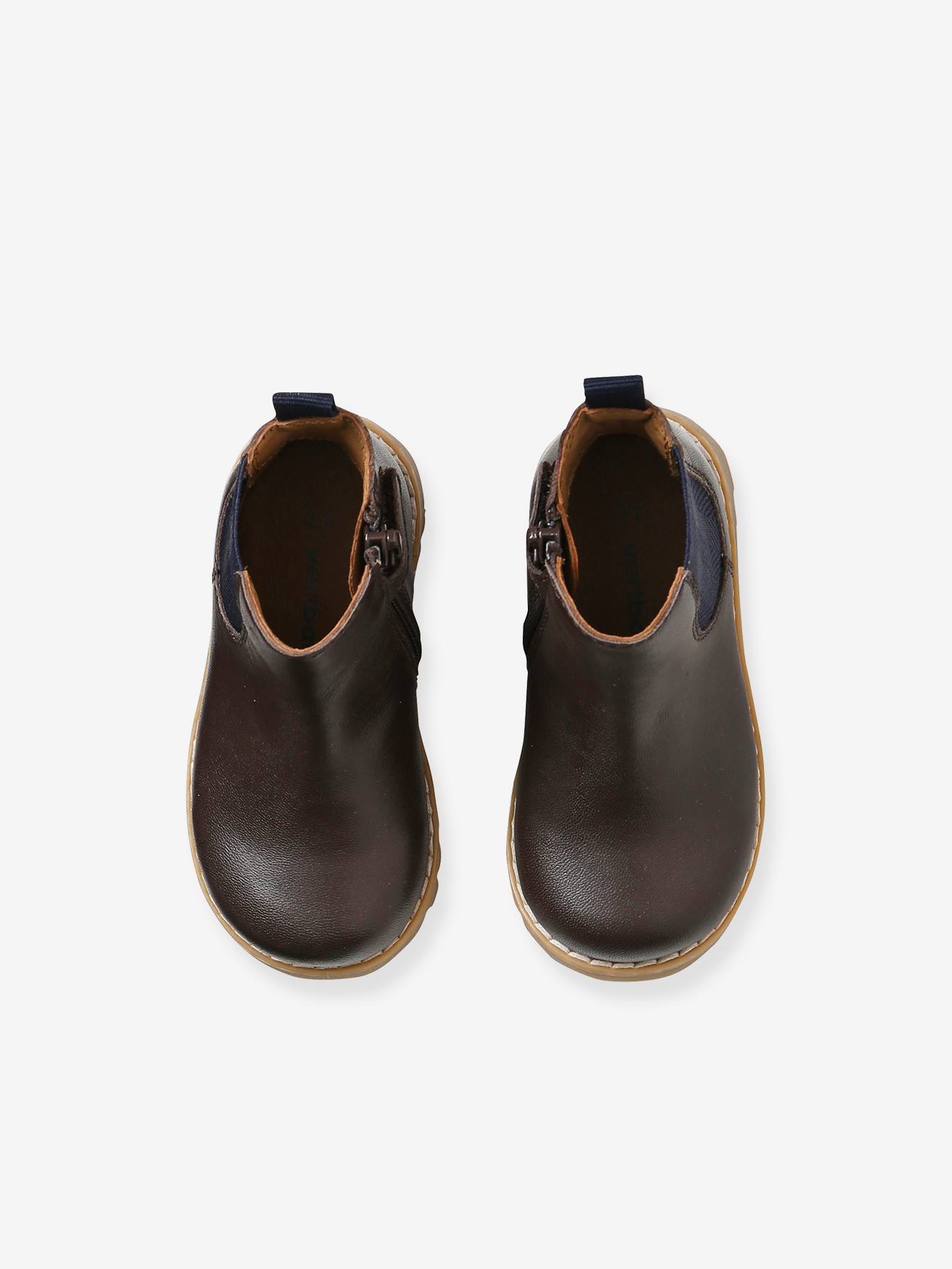 Boots cuir bébé mixte zippés et élastiqués chocolat