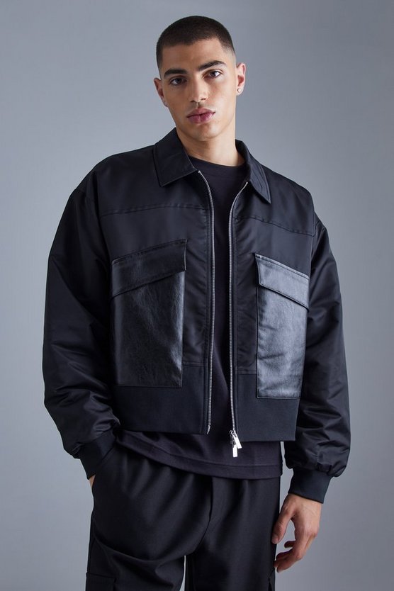Kastige Bomberjacke aus PU & Nylon mit Kragen