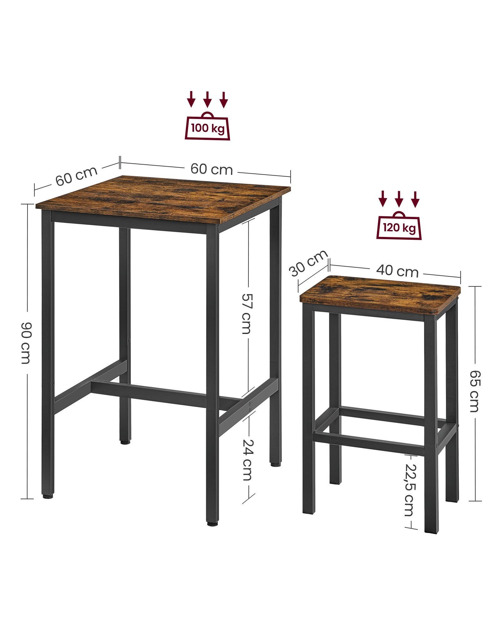 VASAGLE Bartisch Bartisch-Set, Esstisch(60 x 60 x 90 cm) mit 2 Barhochern
