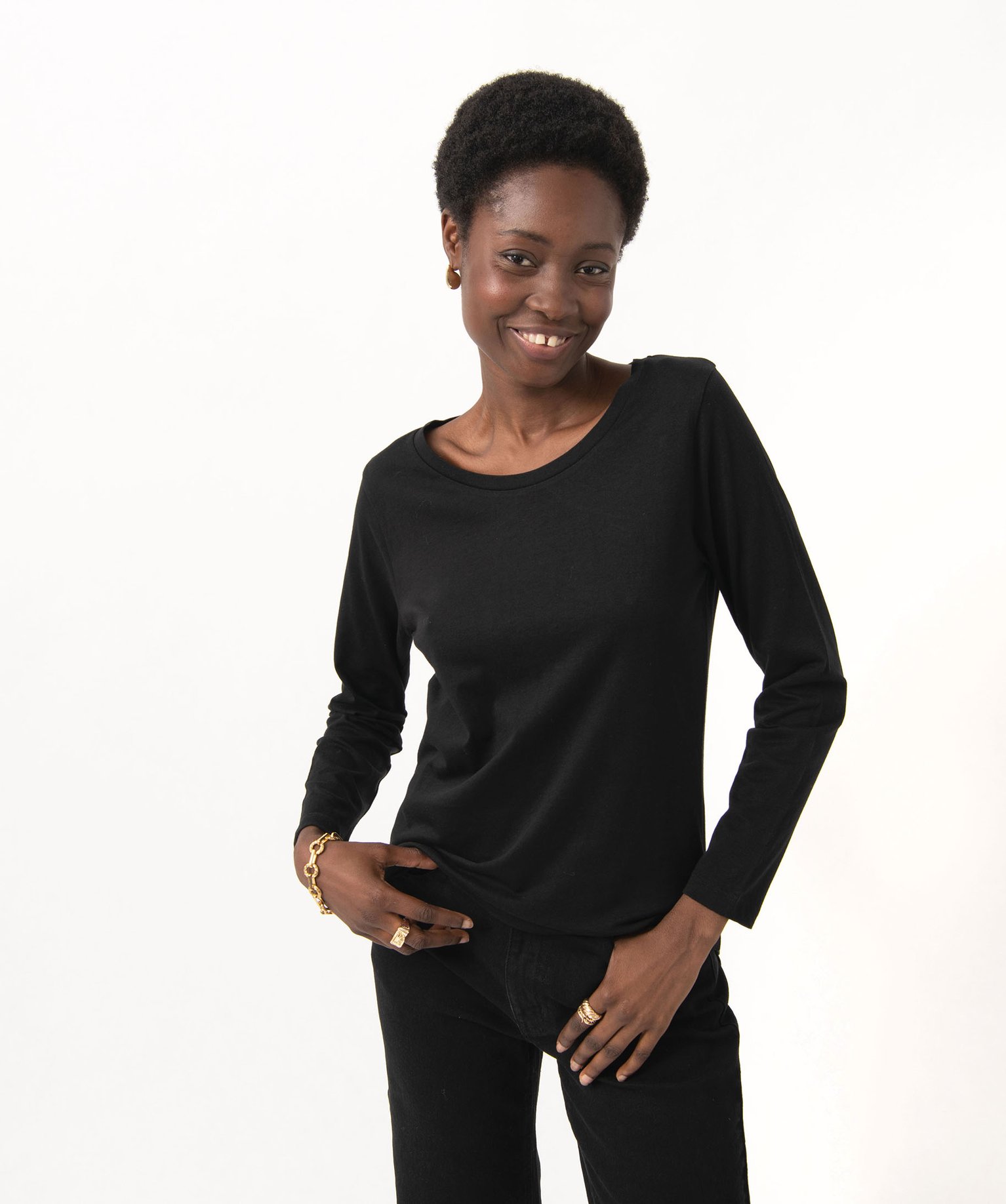 Tee-shirt à manches longues et col rond femme noir | GEMO