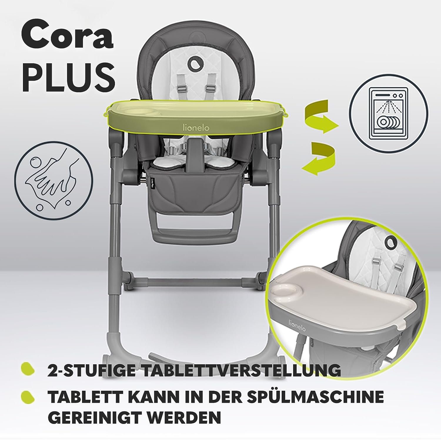 lionelo Hochstuhl Cora Plus (Set), 2-IN-1 STUHL: Fütterungsstuhl mit Liegefunktion, Robuste und Sichere Konstruktion, bis 3 Jahre