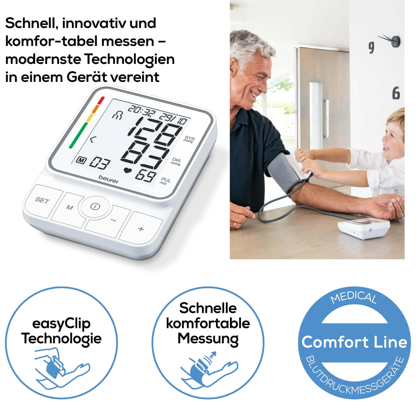 Beurer Oberarm-Blutdruckmessgerät BM 51 easyClip-Oberarm-Blutdruckmessgerät mit Inflation-Technology & easyClip-Manschette