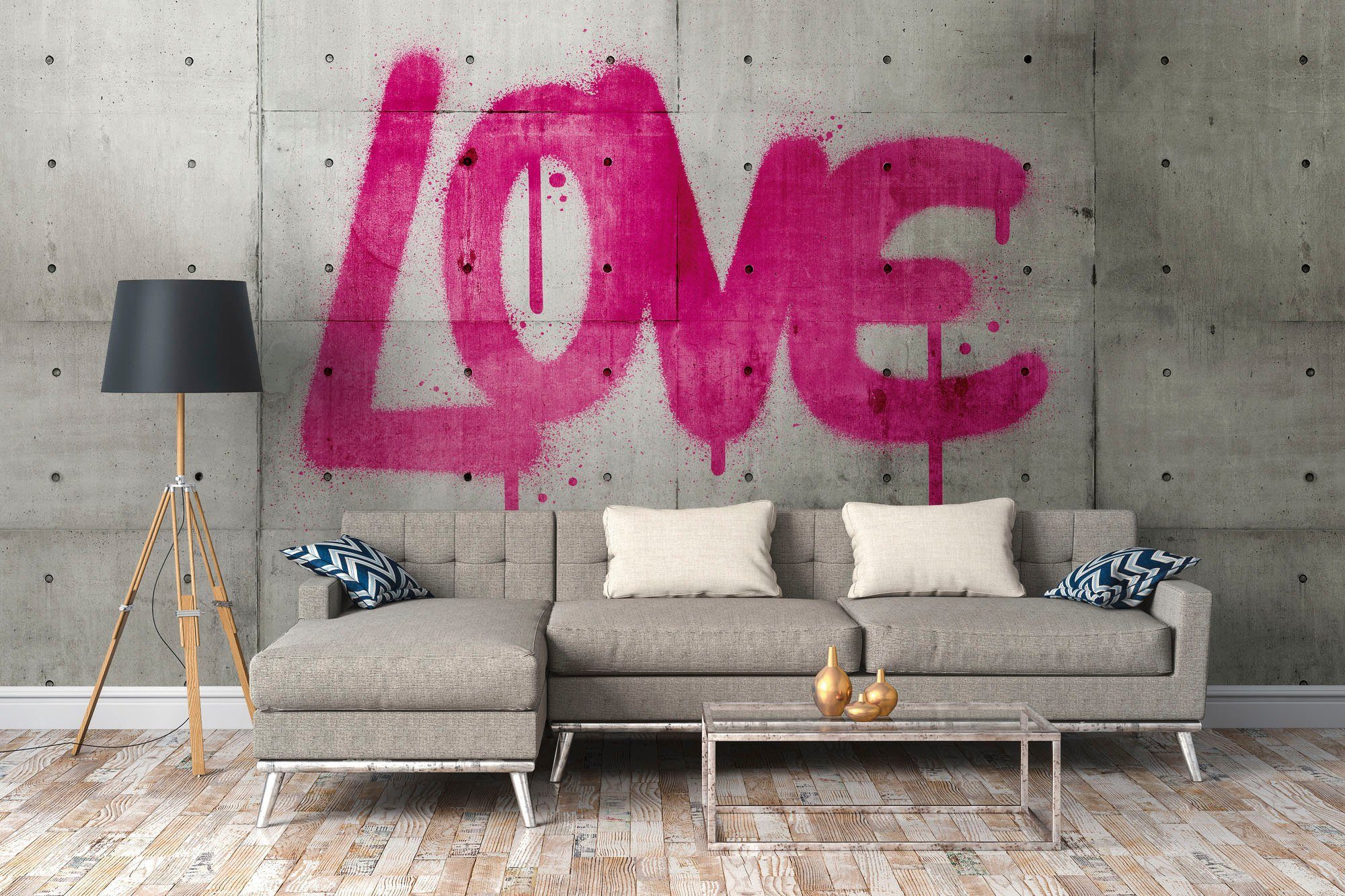living walls Fototapete The Wall, glatt, Steinoptik, mit Schrift, urban, Fototapete Modern Tapete Betonoptik Grau Pink