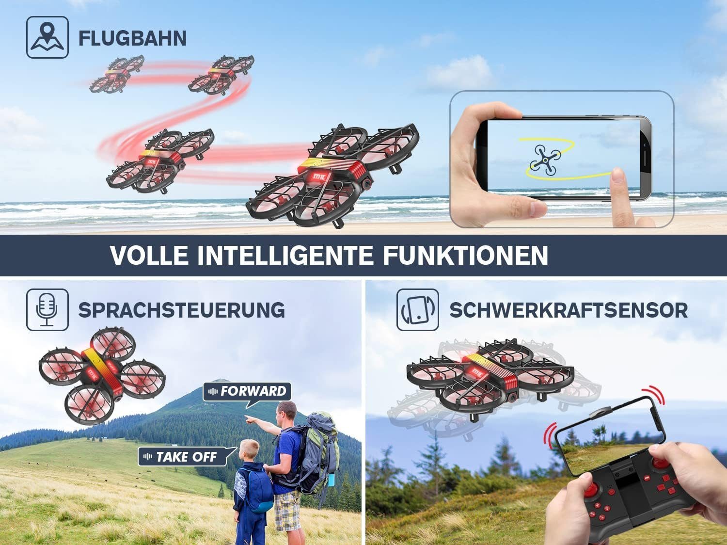 PAKARCBOX Drohne (720P, Kamera RC Drone Quadrocopter mit FPV WiFi Höhenhaltung Gestensteuerung)