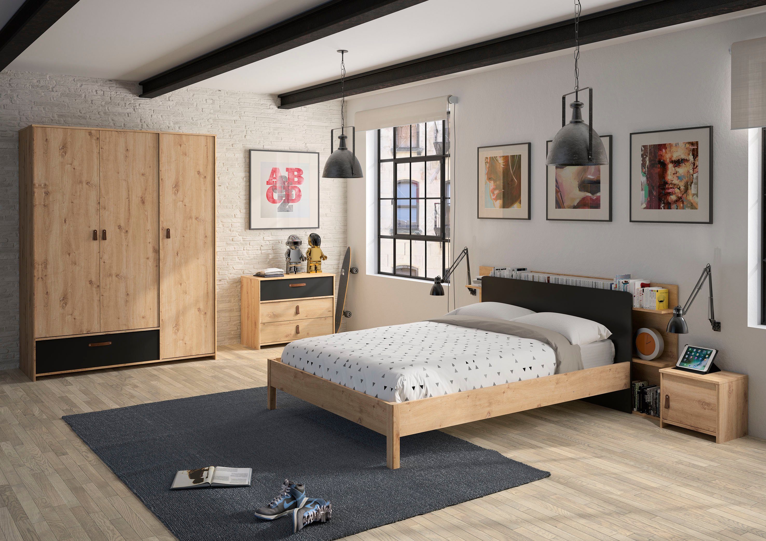 Gami Jugendzimmer-Set Arthus, (6-St., Bett mit Kopfteil, Nachttisch, Kleiderschrank, Kommode)