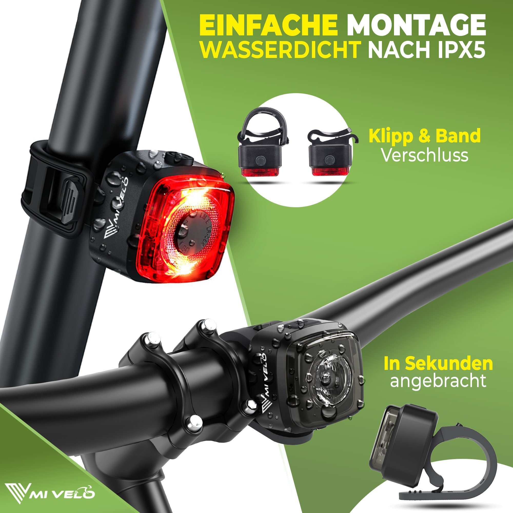 MIVELO Fahrradbeleuchtung CUBE ONE Fahrradlicht Set USB aufladbar StVZO zugelassen wasserdicht