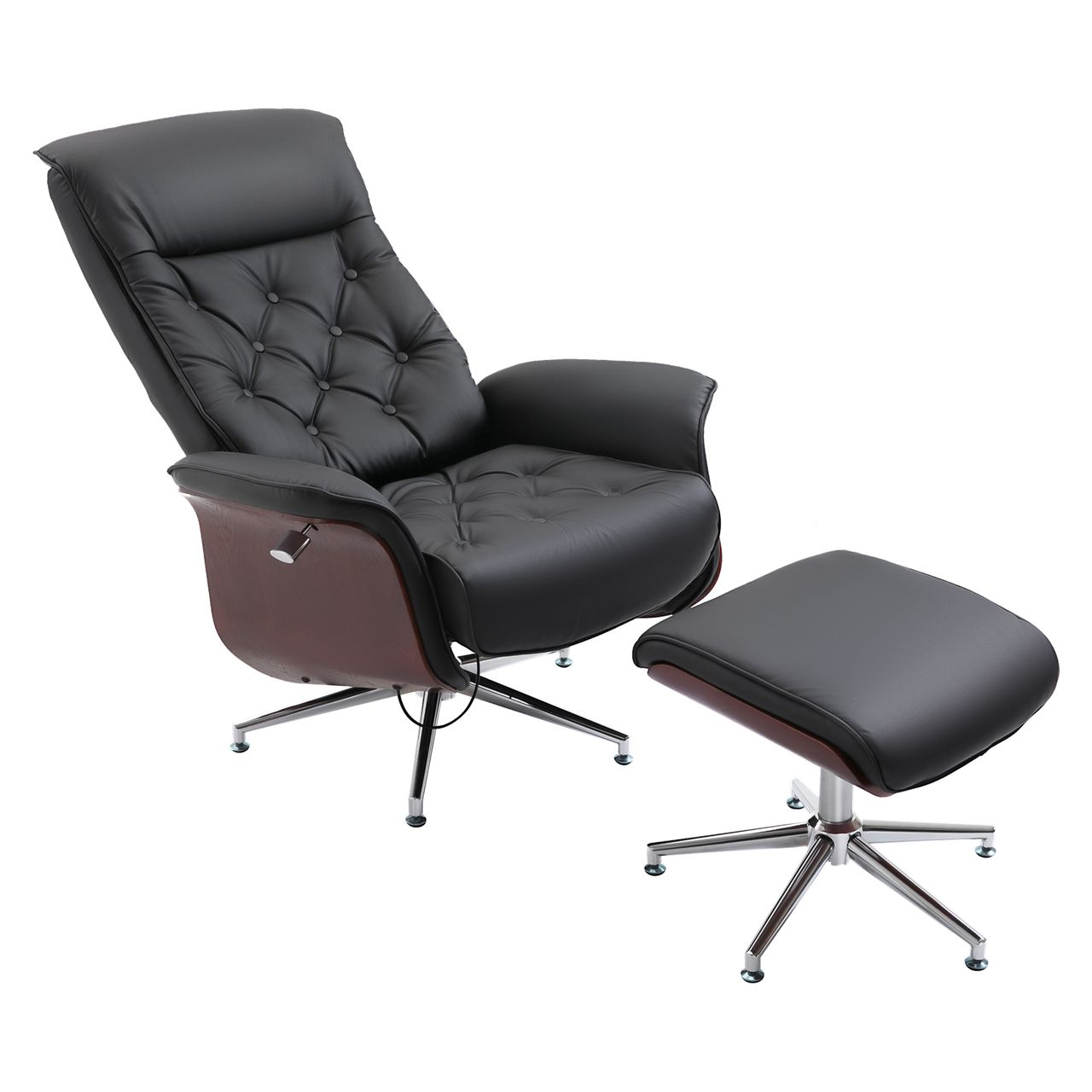 HOMCOM Relaxsessel mit Hocker Fernsehsessel Polstersessel 360° drehbar 145° neigbar Chesterfield PU-Bezug Holzverkleidung Metallfuß Schwarz 82 x 83 x 110 cm