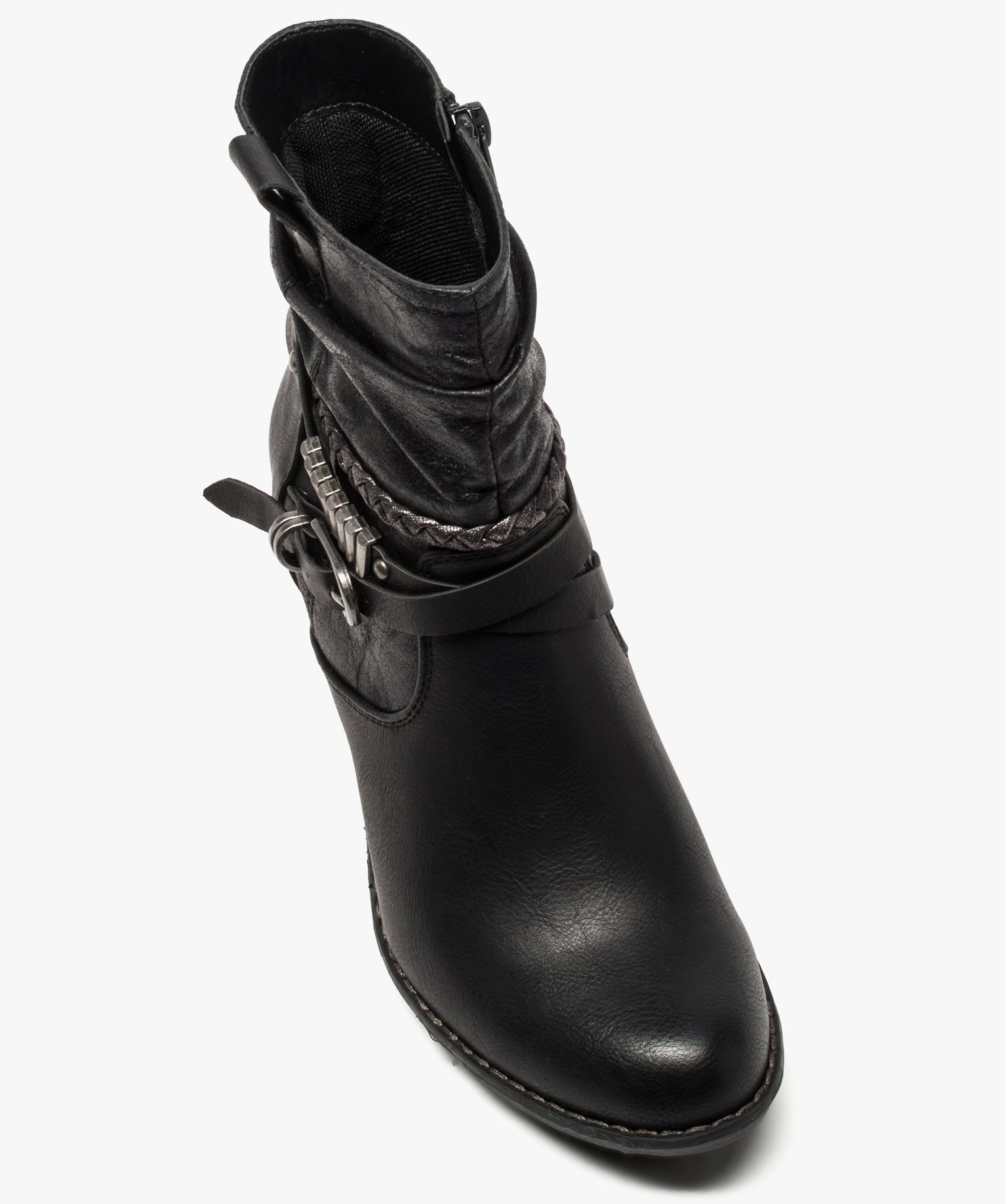 Bottines femme à talon tige plissée et brides fantaisie noir | GEMO