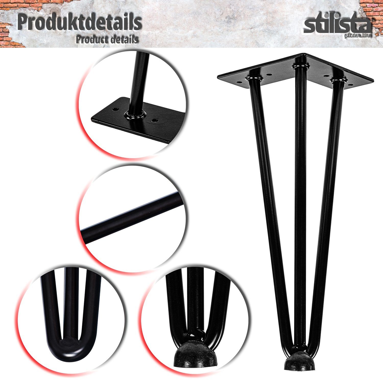 STILISTA Möbelfuß Hairpin Legs Haarnadelbeine Tischbeine Möbelbeine, (Satz, 4 Stk), DIY, 2 Streben, Industriedesign, Farb- und Größenwahl