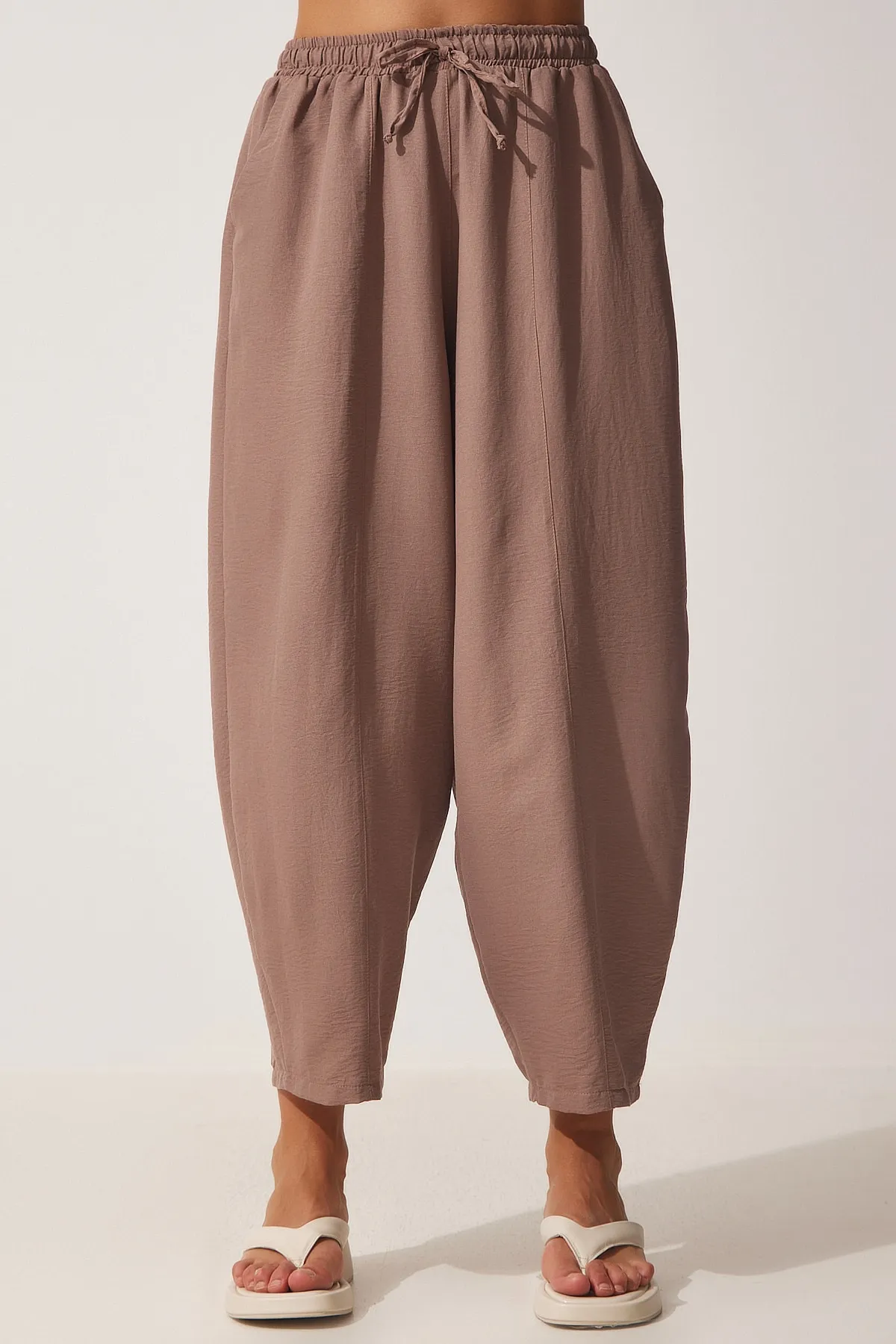 Happiness İstanbul  Nerzfarbene Shalwar-Hose aus Leinen-Viskose mit Taschen für Damen CV00001