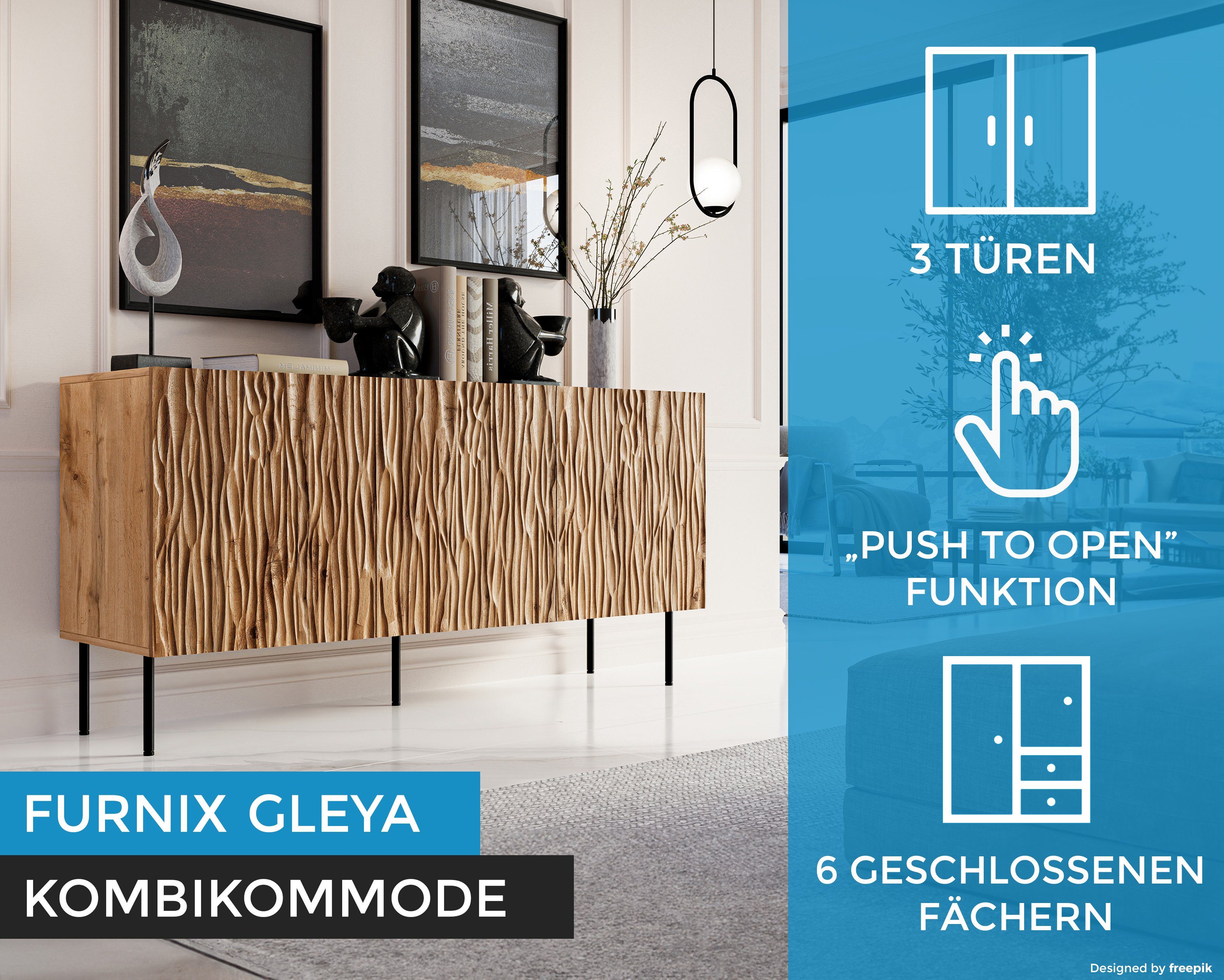 Furnix Kombikommode GLEYA Sideboard multifunktioneller Highboard mit gefrästen Fronten, B152 oder 190 x H74,5 x T42 cm