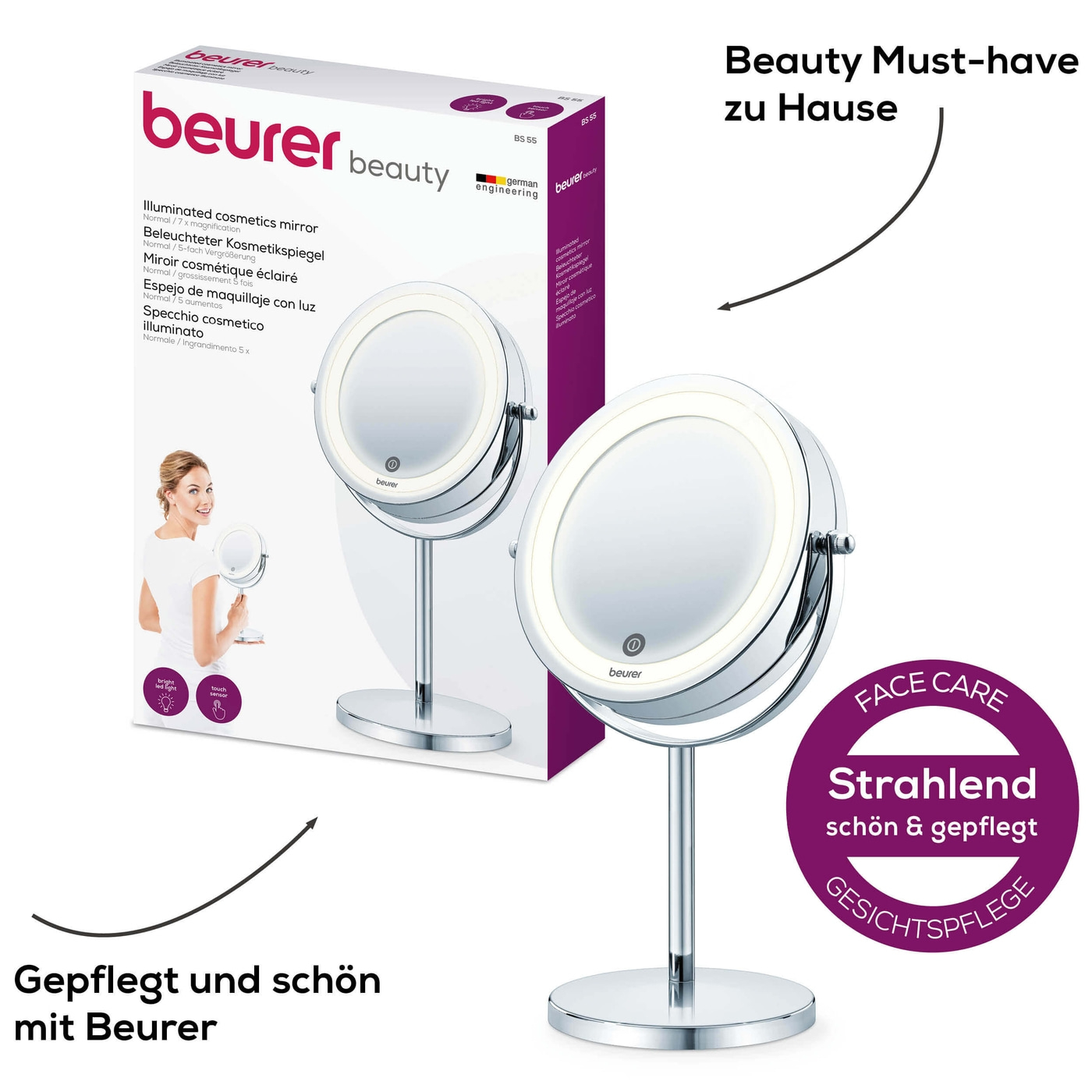 Beleuchteter Kosmetikspiegel BS 55-Beleuchteter Standspiegel mit 7-fach Zoom & Touch Sensor