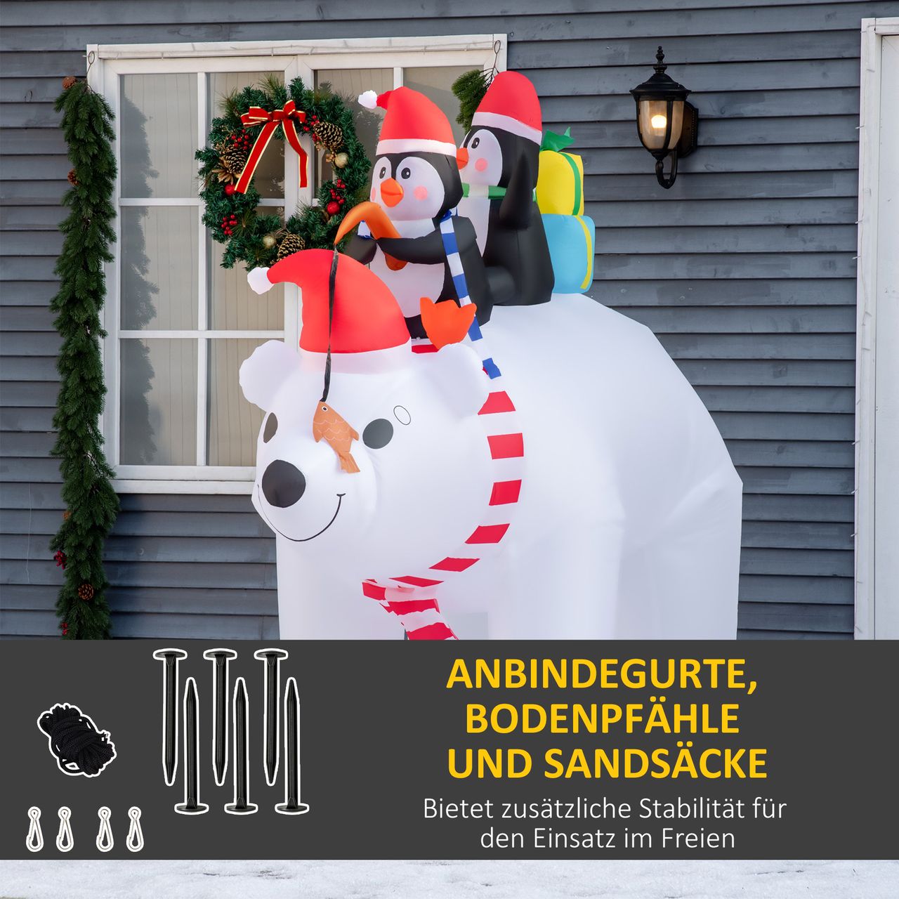 HOMCOM Aufblasbare Pinguine auf Eisbär 2,1 m Weihnachtsdekoration mit Lichtern Aufblasbares Modell Weihnachten Gärten Dekoration automatisches Aufblasen wetterfest Polyester 227 x 113 x 206 cm