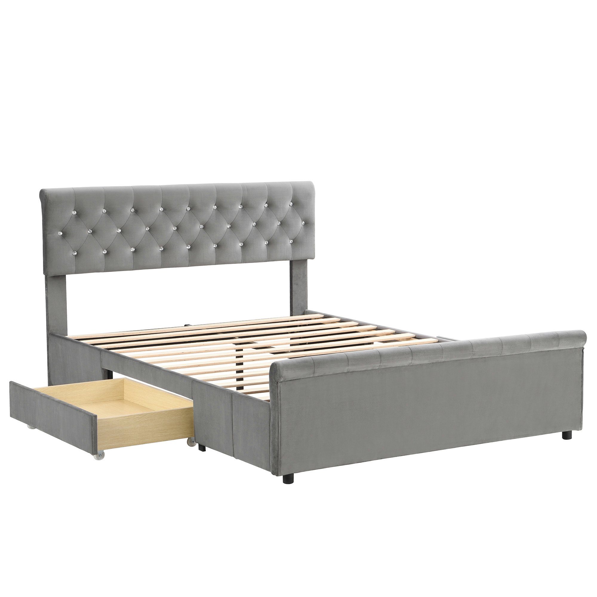Flieks Polsterbett, Doppelbett mit Lattenrost und 2 Schubladen 140x200cm Samt