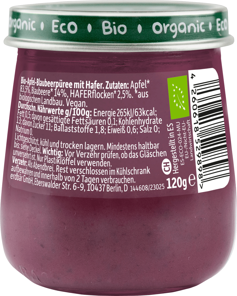 Abendbrei Apfel, Blaubeere mit Hafer, ab dem 6.Monat, 120 g
