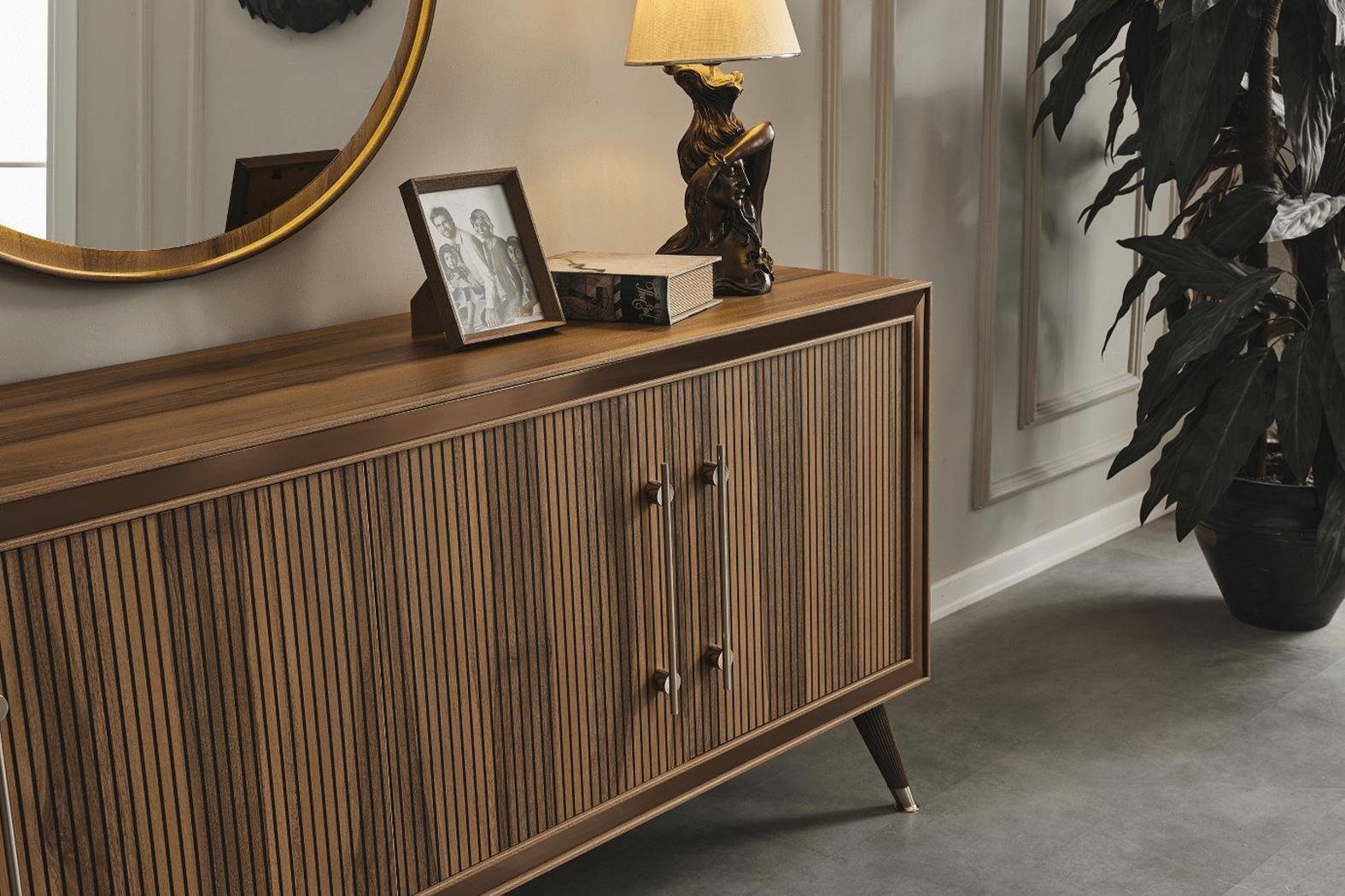 JVmoebel Esszimmer-Set Braunes Esszimmer Set Designer Esszimmergarnitur Esstisch Stühle, (9-St., Esstisch, 6x Stühle, Sideboard, Spiegel), Made in Europa