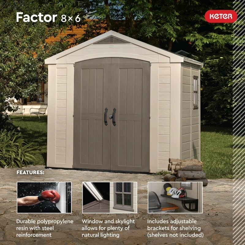 Factor 8 ft wide x 6 ft deep plastic storage shed