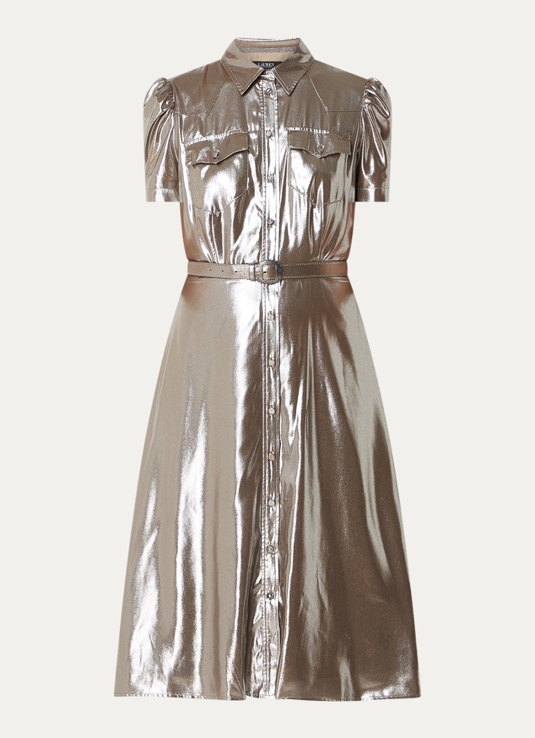 Midi košeľové šaty Ralph Lauren s metalickým povrchom a opaskom