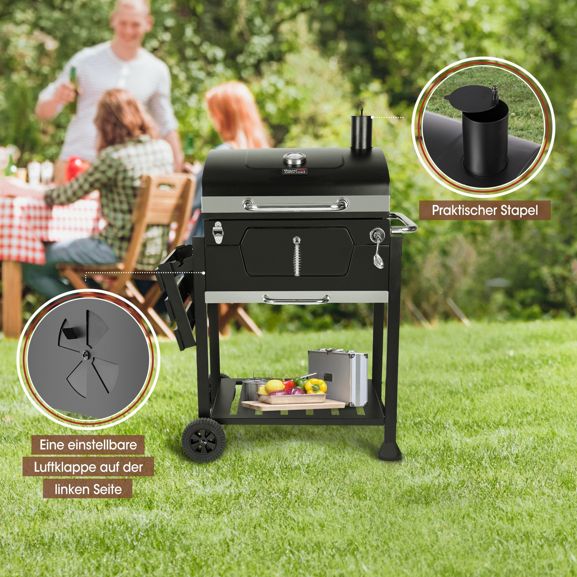 Royal Gourmet Holzkohlegrill, Grillwagen mit Deckel, Standgrill, 100 x 64,5 x 119,5 cm (L x W x H)
