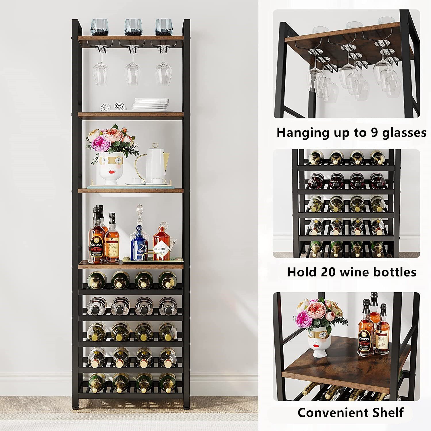 Tribesigns Weinregal Boden Weinregal, 9 Etagen freistehendes Weinregal mit Glashalter