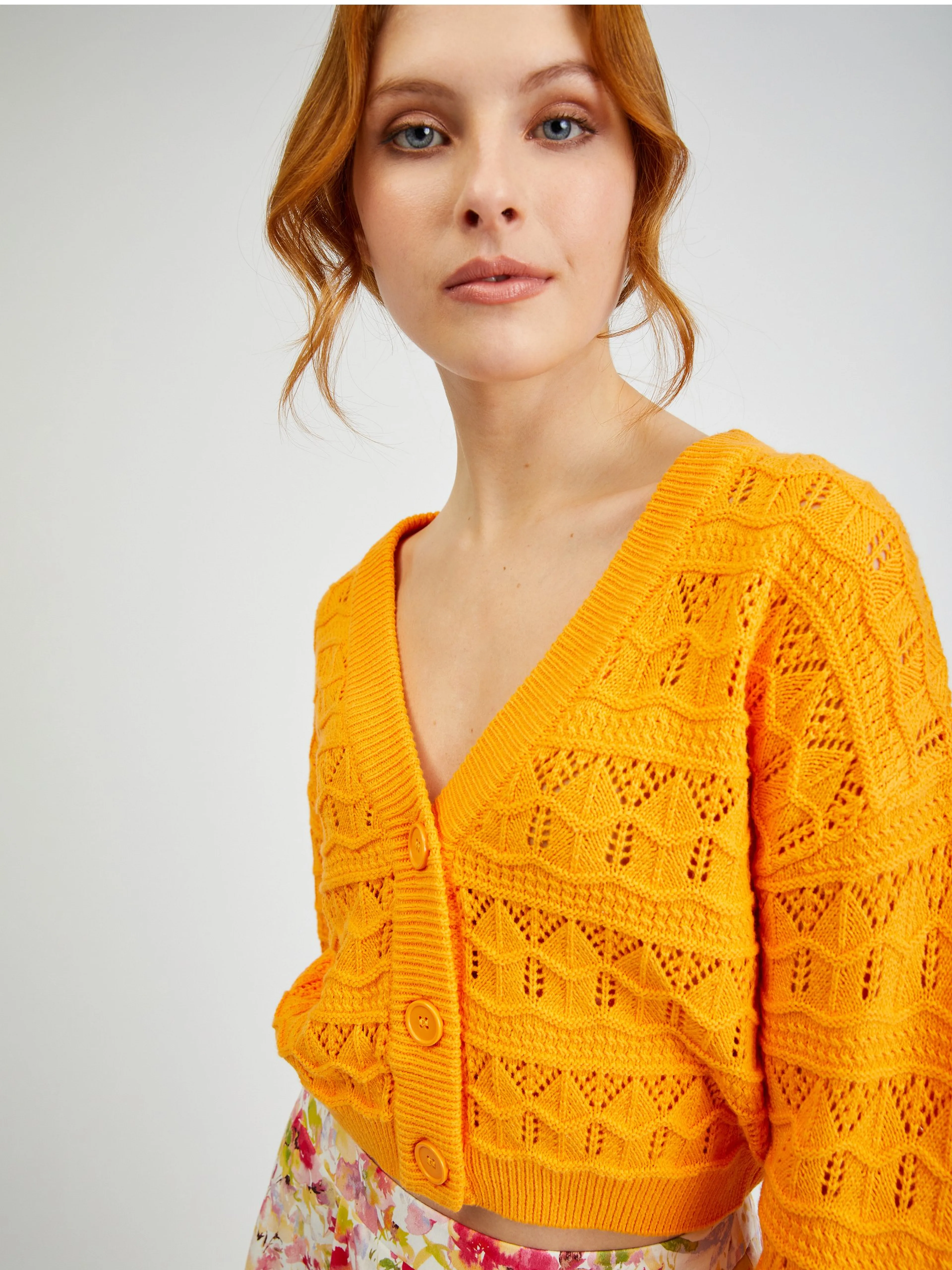 Orangefarbene gemusterte Damen-Strickjacke ORSAY