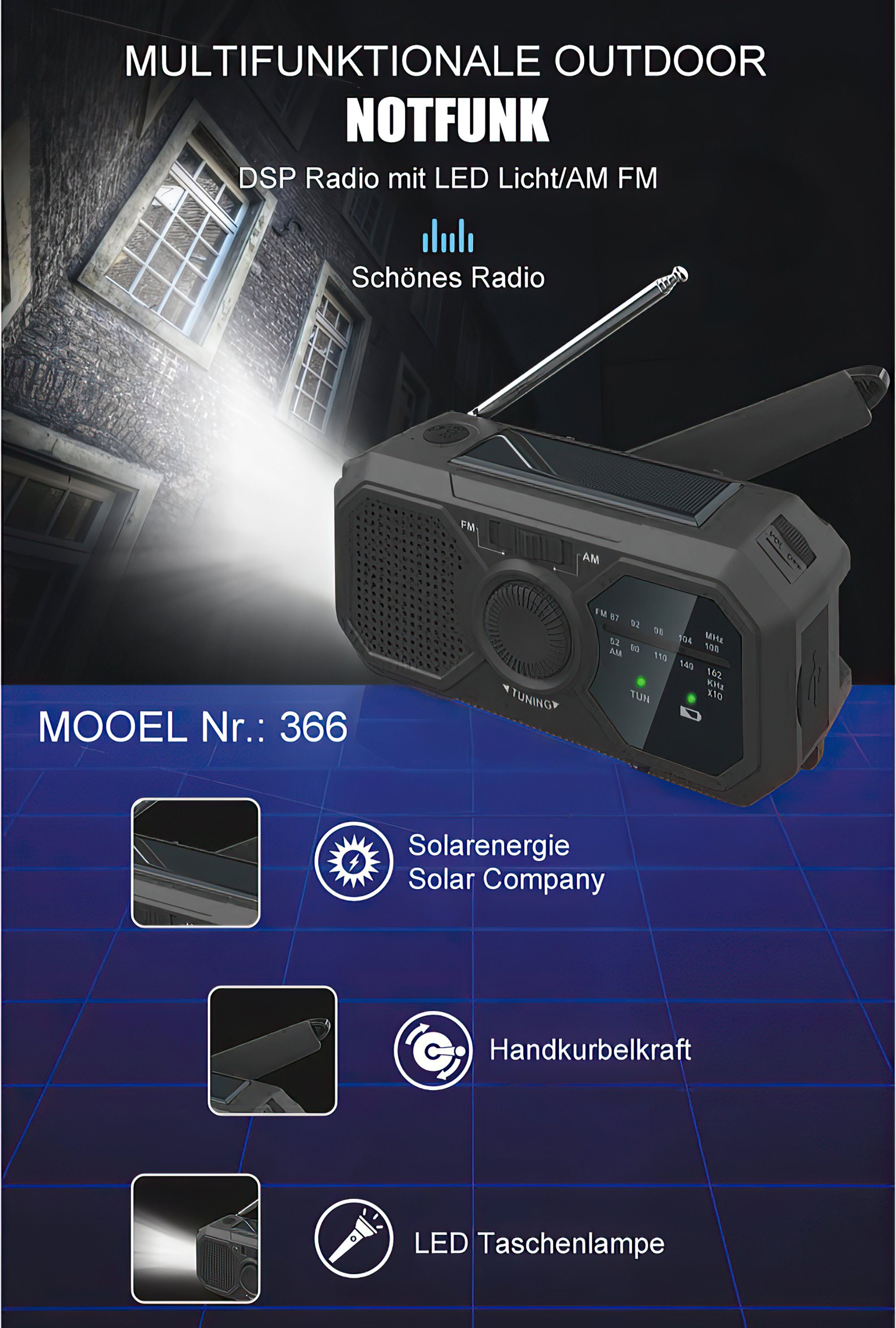 Tisoutec Solar Radio (AF/FM) mit Ladefunktion Kurbelradio und SOS Digitalradio (DAB) (Notstromversorgung, Handkurbel; sOS-Alarm FM-Tuner,UKW-Radio, Dockingstation (USB), Kurbelradio)