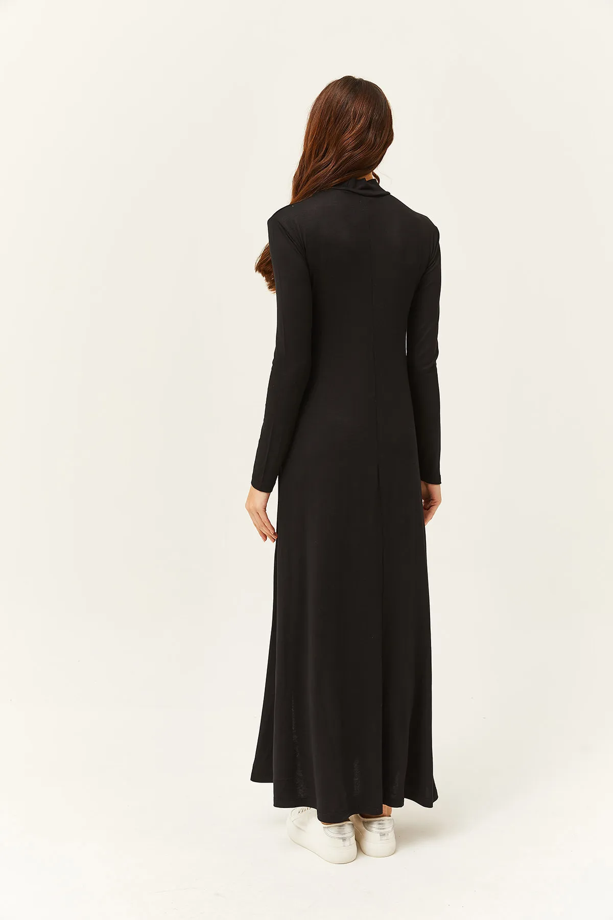 Olalook  Schwarzes halblanges Fisherman-Lycra-Midi-Viskosekleid mit Schlitz für Damen ELB-19001989