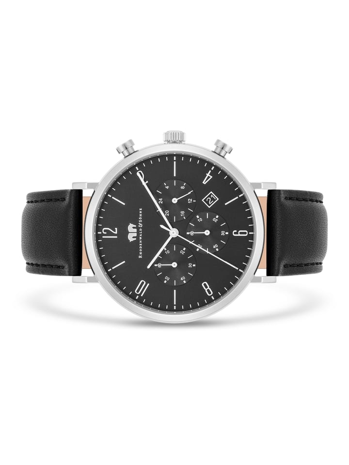 Rhodenwald & Söhne Herren Chronograph silber Echtleder schwarz in schwarz günstig kaufen 21 cm