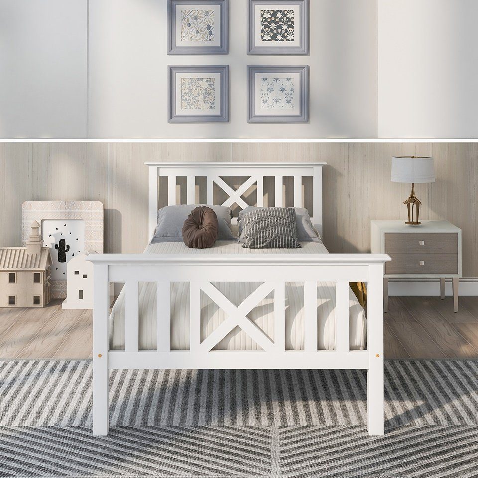 Fangqi Massivholzbett Einzelbett aus Bettgestell mit Lattenrost Holzbett mit Kopfteil, Massivholz Kinderbett, Jugendbett, Kiefer massiv, weiß/grau