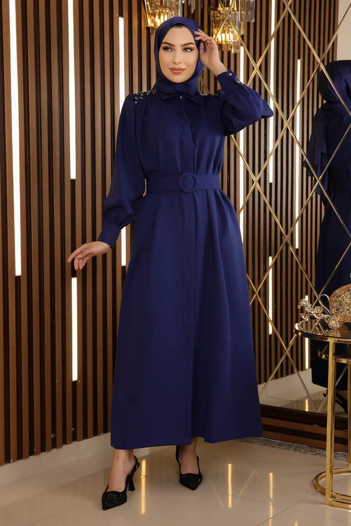 Modamihram  Steindetailliertes Kleid mit Gürtel Indigo 19115