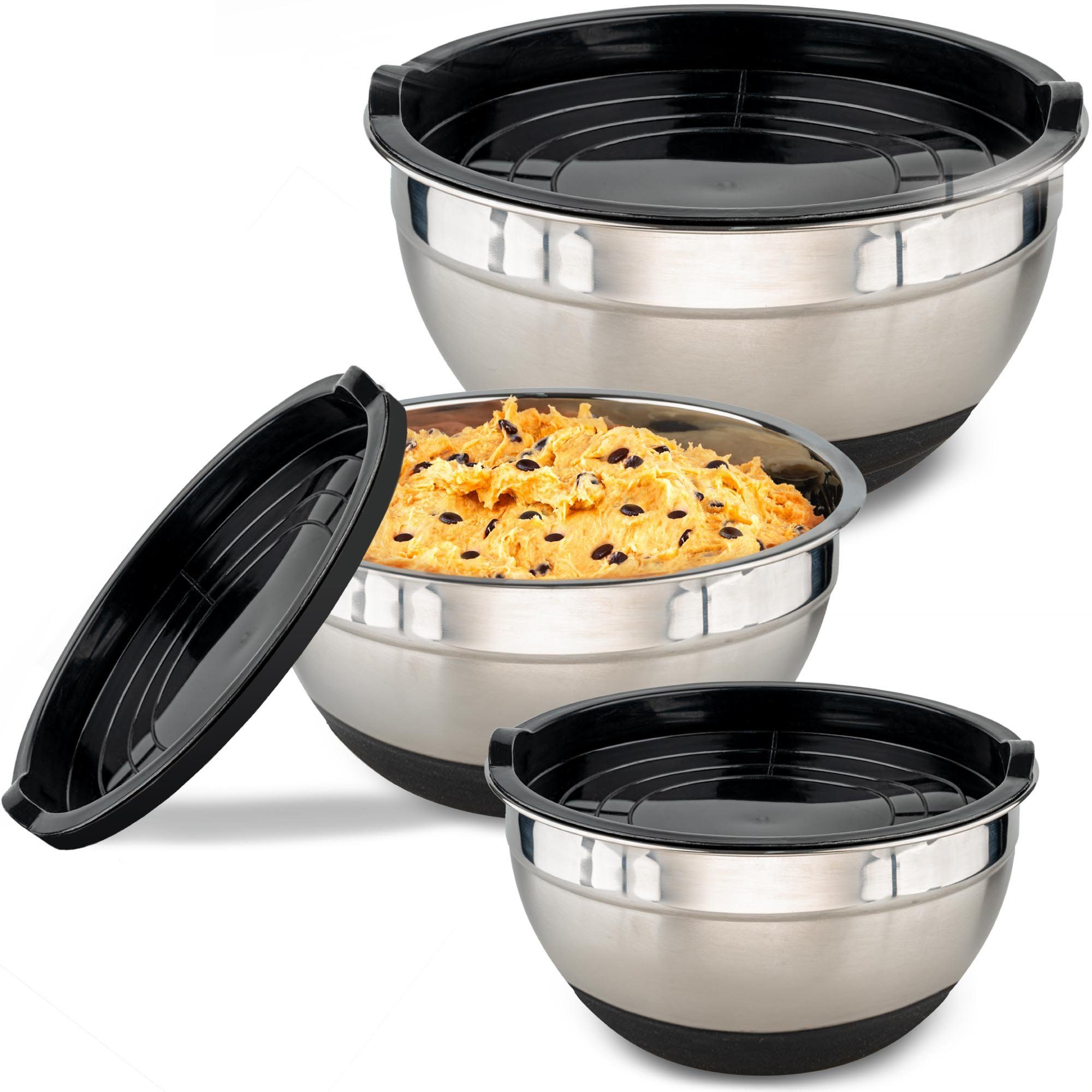 Praknu Salatschüssel mit Deckel - Schüsselset aus Metal Groß Tupperware Edelstahlschüssel, Edelstahl, (Set, 3-tlg), Luftdicht - Rührschüssel mit Messskala - Ideal zum Mischen