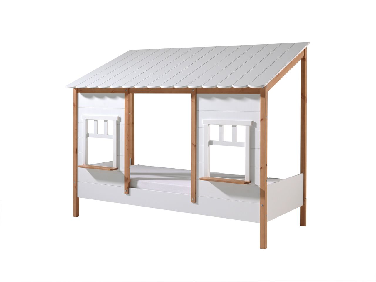 VIPACK Landhausbett mit Dach, Liegefläche 90 x 200 cm, inkl. Lattenrost, Ausf. teilmassiv Kiefer, Farbe Oak/Weiß