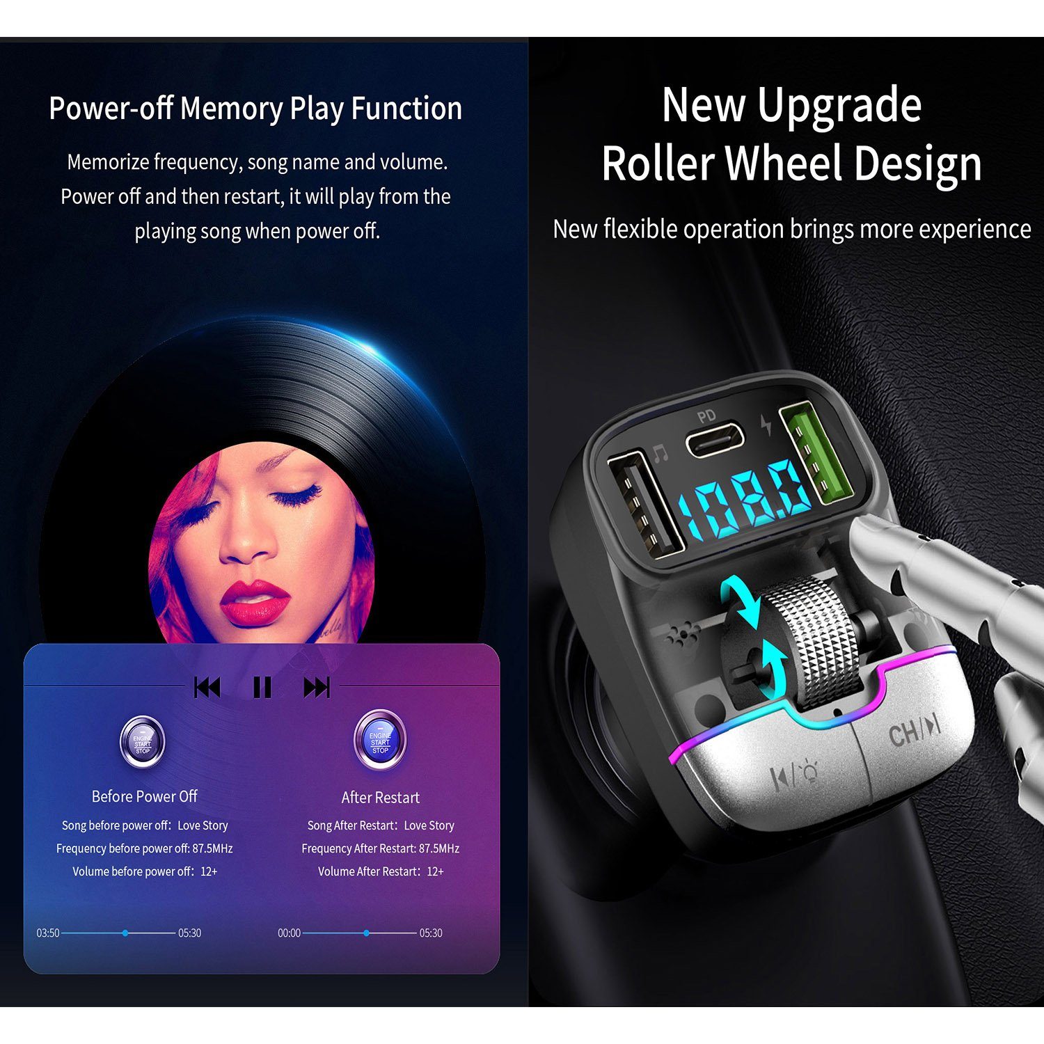 Mutoy Bluetooth 5.3 FM Transmitter für Auto,MP3-Player KFZ-Transmitter 2 Mikrofone, Typ C PD 25W Dual USB Schnell ladegerät Auto, Stärkeres Dual Mic & Bass-Boost