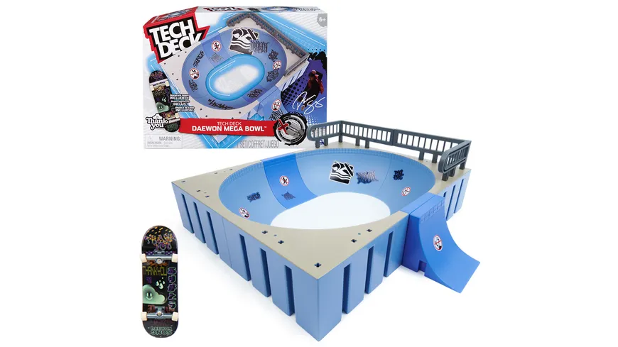 Tech Deck - Mega Bowl, Finger-Skateboard-Rampe mit original Fingerboard der Marke Thank You