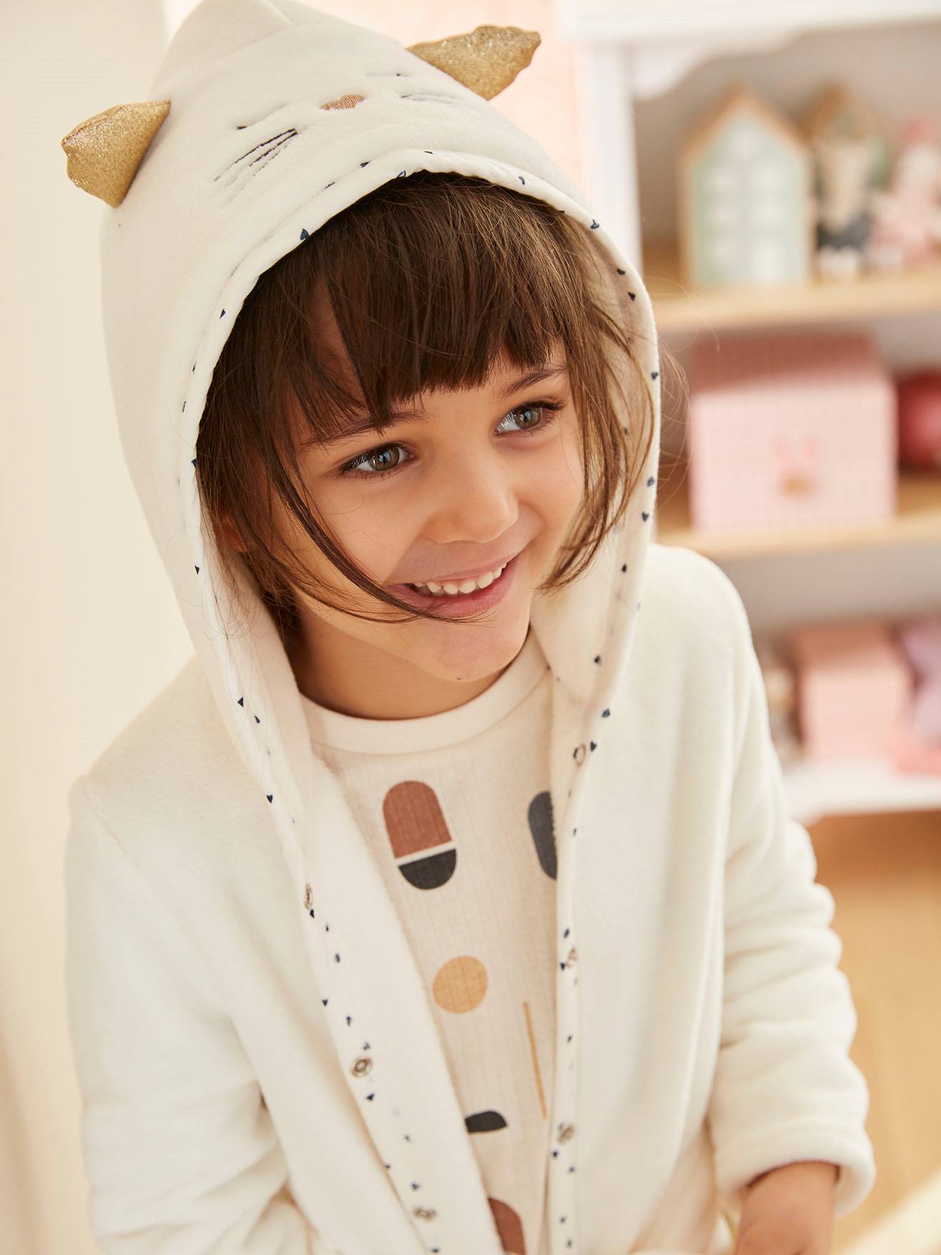 Robe de chambre chat personnalisable fille en maille peluche ivoire