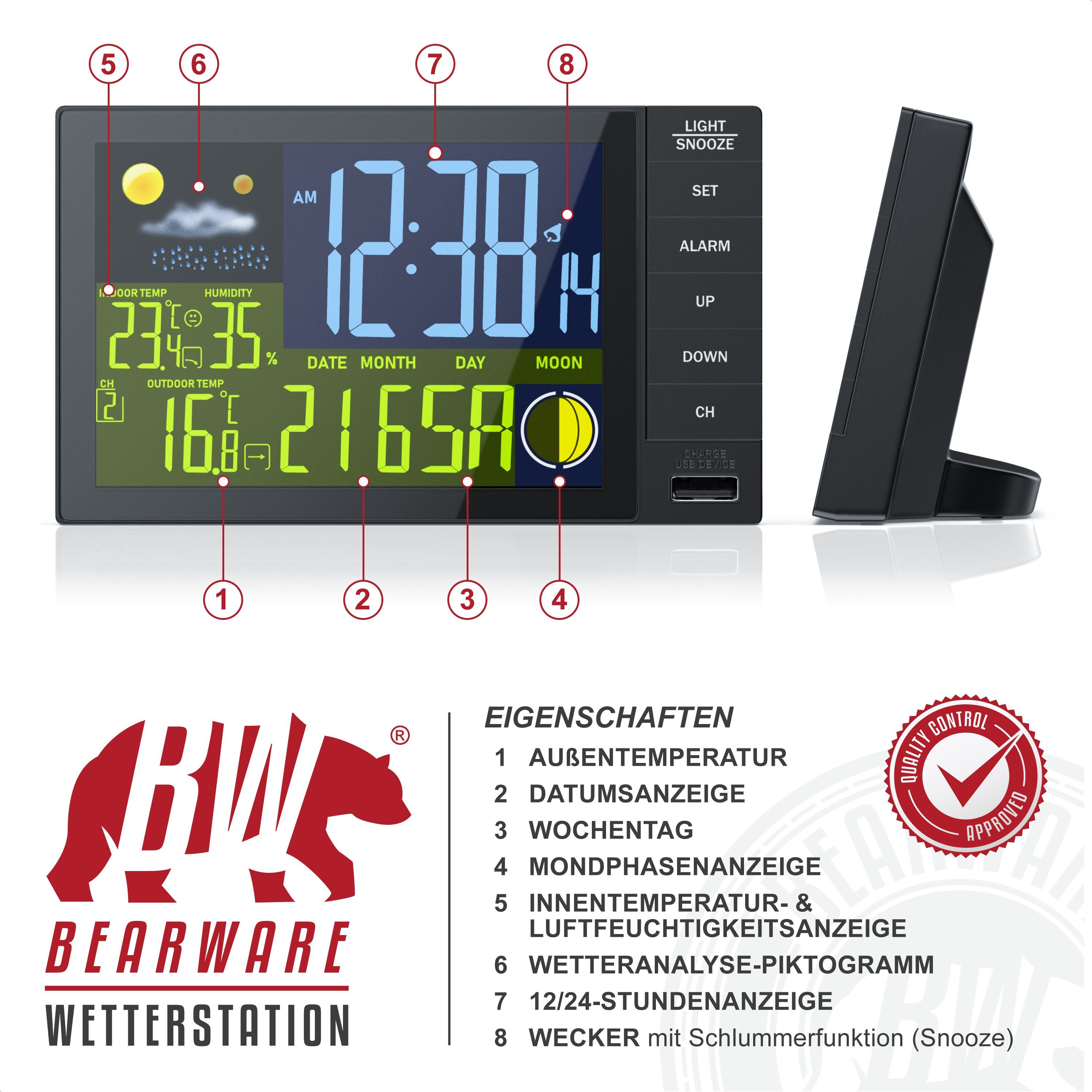 BEARWARE Wetterstation (mit Außensensor, Funk, Farbdisplay, Mondphasen, Luftfeuchtigkeit, Wettervorhersage usw)
