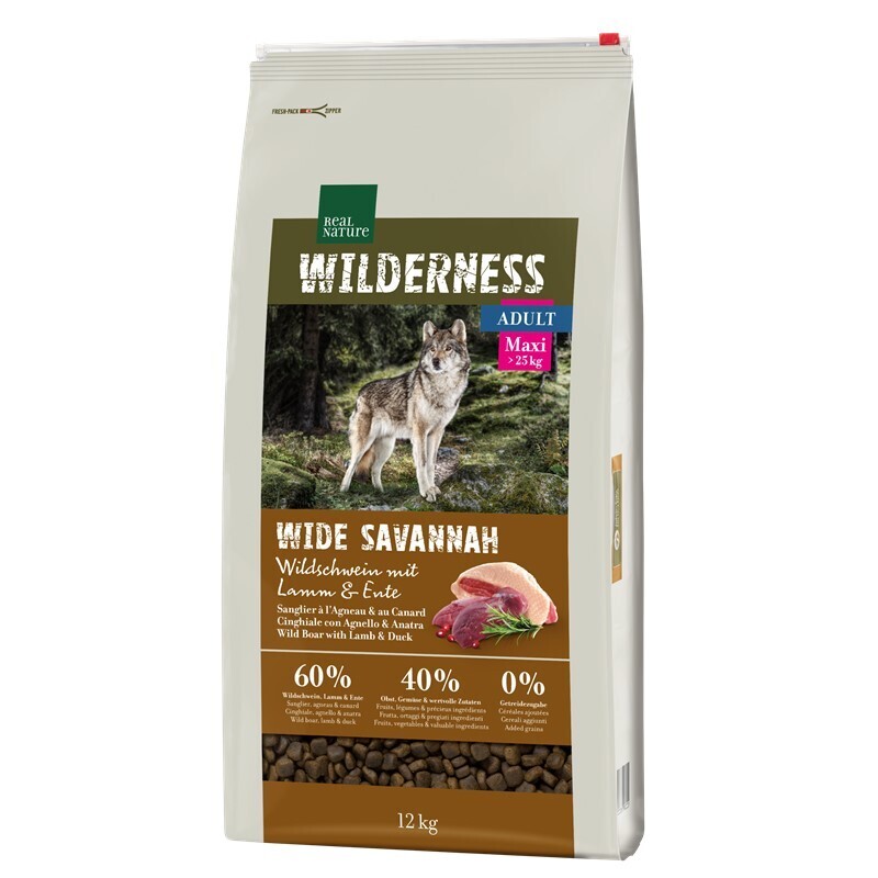 REAL NATURE Hundetrockenfutter REAL NATURE WILDERNESS Maxi Adult Wide Savannah mit Wildschwein, Lamm & Ente 12 kg