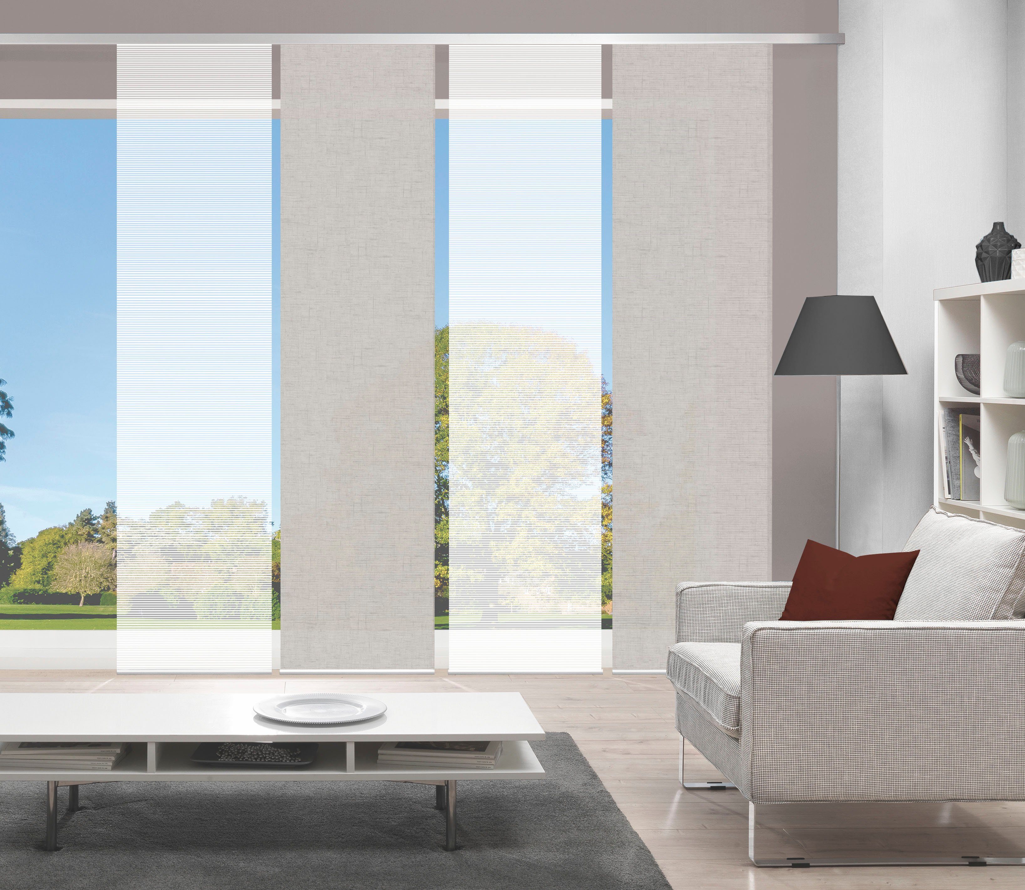 Schiebegardine PIVE 4er SET, Vision S, Paneelwagen (4 St), halbtransparent, Schiebevorhang Digidruck 4er Set PIVE