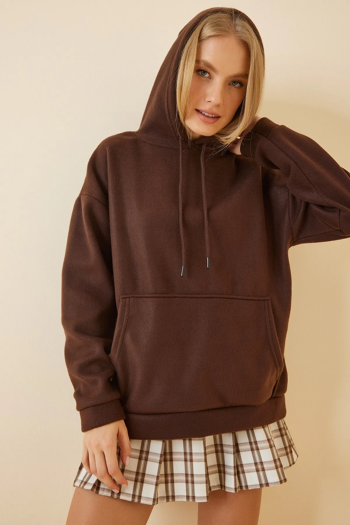 Happiness İstanbul  Braunes Winter-Fleece-Sweatshirt mit Kapuze für Damen ZV00047