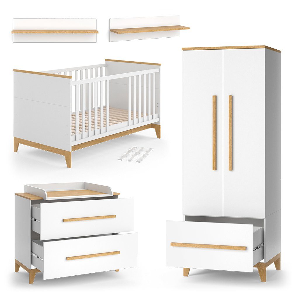 VitaliSpa® Babymöbel-Set Babymöbel Set MALIA Weiß Eiche, (5-St., 5-er Set)